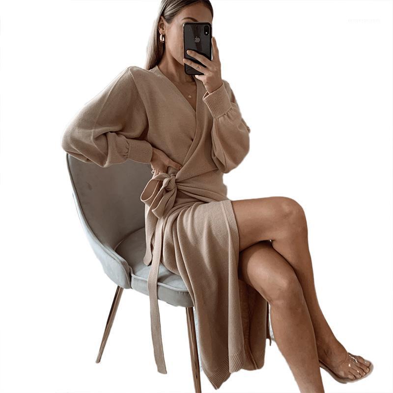 

V Neck Cross Winter Knitted Sweaters Women Solid Color Streetwear Sexy Oversized Cardigans Female Clothes1, Khaki