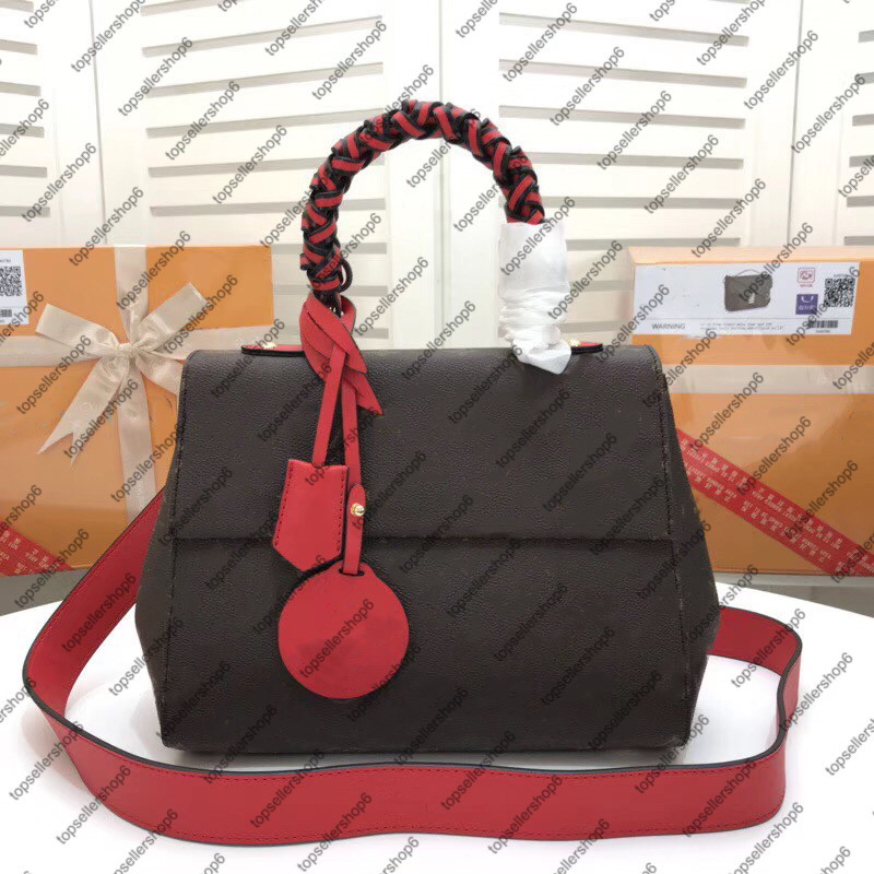 

M43982 Cluny BB Handbag women canvas shoulder bag purse genuine calf-leather trim designer weave top handle adjustable strap tote, Red leter flower print