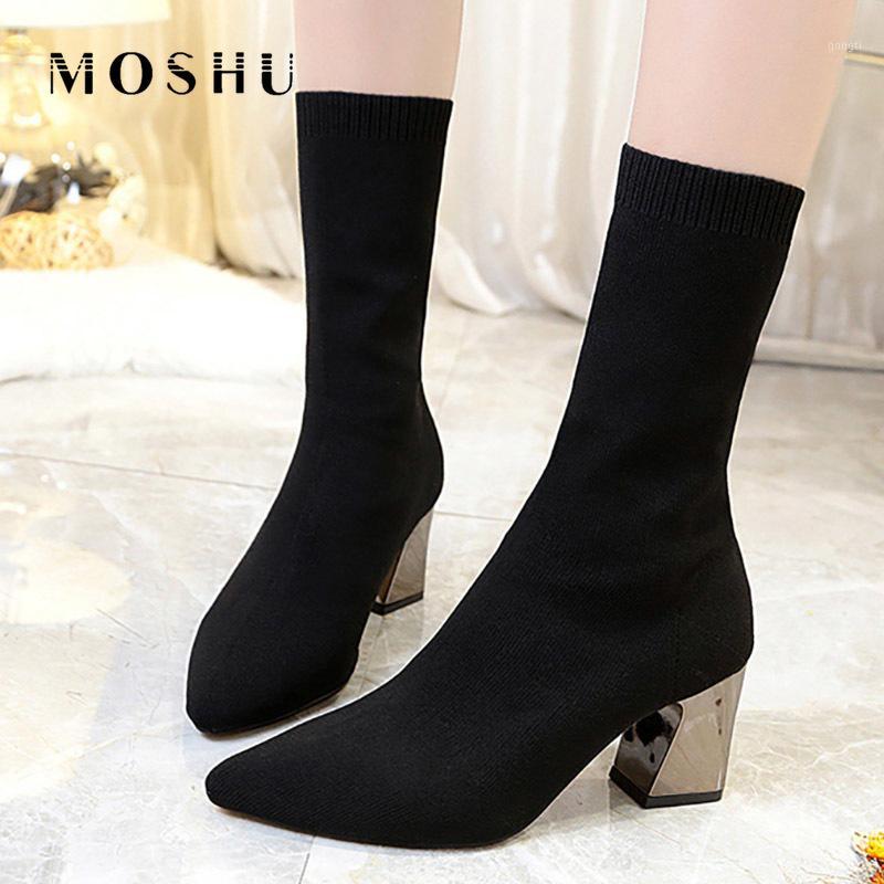 

Fashion Women Sock Boots Slip-On Pointed Toe Microfiber Boots Winter High Heels Mid-Calf Women Shoes Zapatos De Mujer1, Black with plush