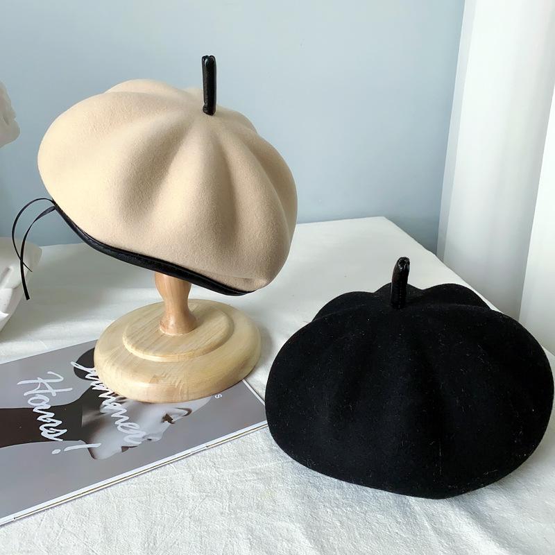 

Berets Japanese Retro Wool Felt Hat Women's Autumn Winter Warm Windproof Beret Pu Wrap Pumpkin Leather Tutu Painter, Black