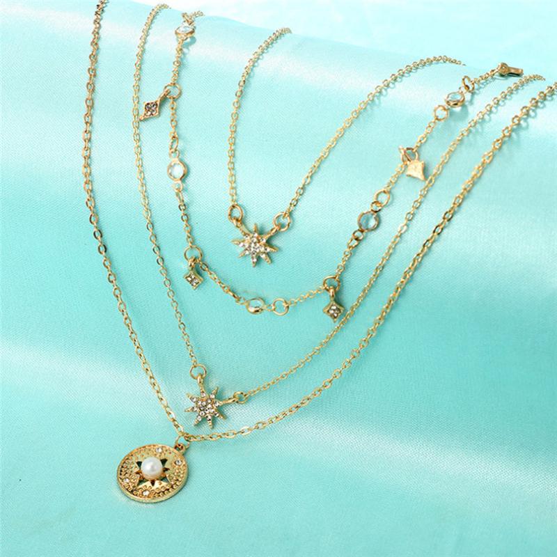 

Metal Four-Layer Geometry Chains Necklaces Six-Pointed Star Ladies Link Chain Trendy Multi-Layer Necklace Jewelry collana 4ED, Silver