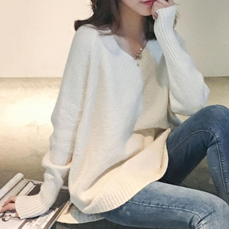 

Sweater 2020 New V-Neck Long Sleeve Pullover Single Pullover Plain Pattern Loose Model Suit To Office Lady Fashion Simple Lady, Beige