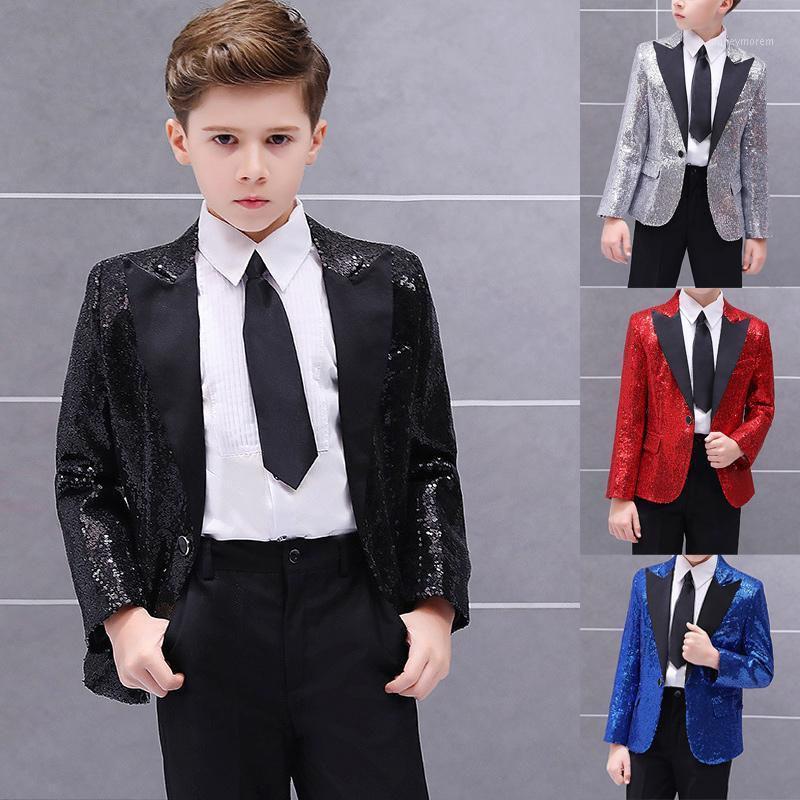 

New Black Prom Party Boys Suits Shiny Stage Performance Tuxedo Kid Formal Wedding Suit Children's Jacket with Pants set 2 piece1, Silver