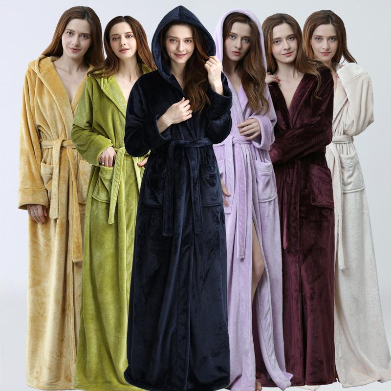 

Hooded Spa Towel Hooded Nightgown Thickened Long Hotel Bathrobe Warm Pajamas Autumn Winter Coral Velvet Bathrobe Towels Bathroom, Light green