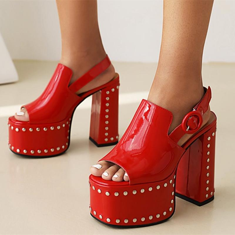 

Sandals Rivets Thick Heel Shoes Retro Peep Toe Platform Summer Women Pumps Slingback Dress Shoe Buckle Big Size 43, Black