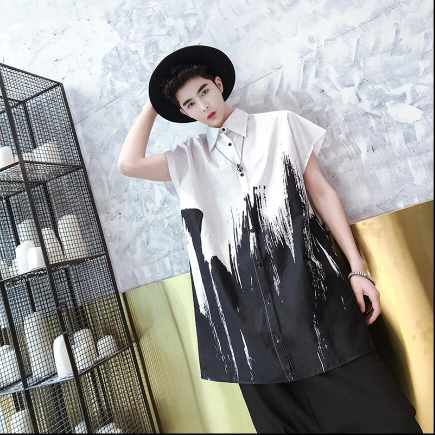

2020 2079 Summer New Hair Stylist Youth Male Personality Print Loose Ink Sleeveless Singing Shirt t 96q7, White