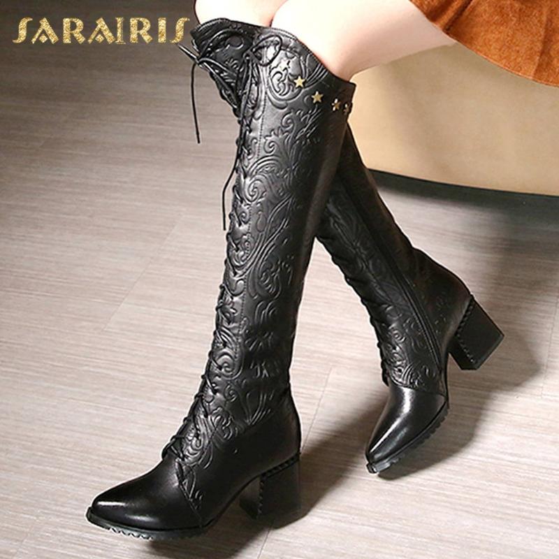 

Sarairis 2020 New Arrivals Design Top Quality Genuine Leather Luxury Boots Woman Shoes Shoelaces Zip Chic Knee High Riding Boots, Black
