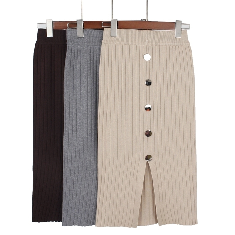 

GIGOGOU High Waist Autumn Winter Knitted Women Skirts Warm skirt Long Female Rib Skirts With Button Y200326, Coffee g155