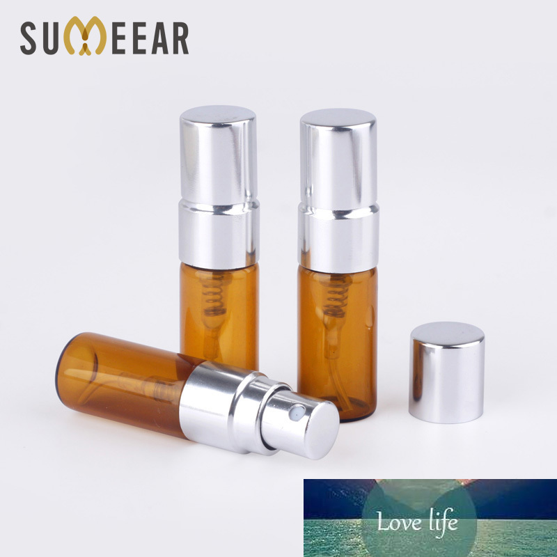 

100 Pcs/Lot Trial Pack 3ML Amber SPRAY BOTTLE Refillable Perfume Bottle Silver Spray Bottle Atomizer Cosmetic Container Case