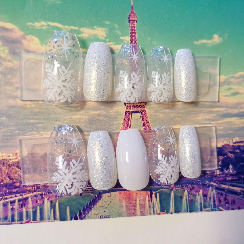 

24pcs coffin nail tips Snowflake Glitter Mid-length Ballet Wearable Nail Tips press on nails with designs for girls, As show