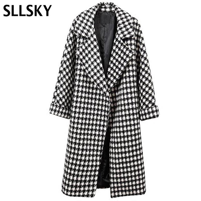 

Sllsky Plaid Wool Winter Coat Women Thick Warm Black White Plaid Casual Long Coat Turn-down Collar Loose Soft 2020 New