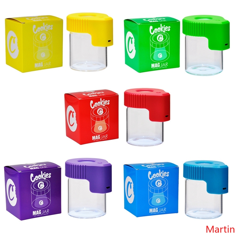 

Cookies LED Light Tobacco Container Rechargeable Medicine Box Glass Cases Jars Dab Wax 155ml Storage Herb Rolling Cigarette Glow