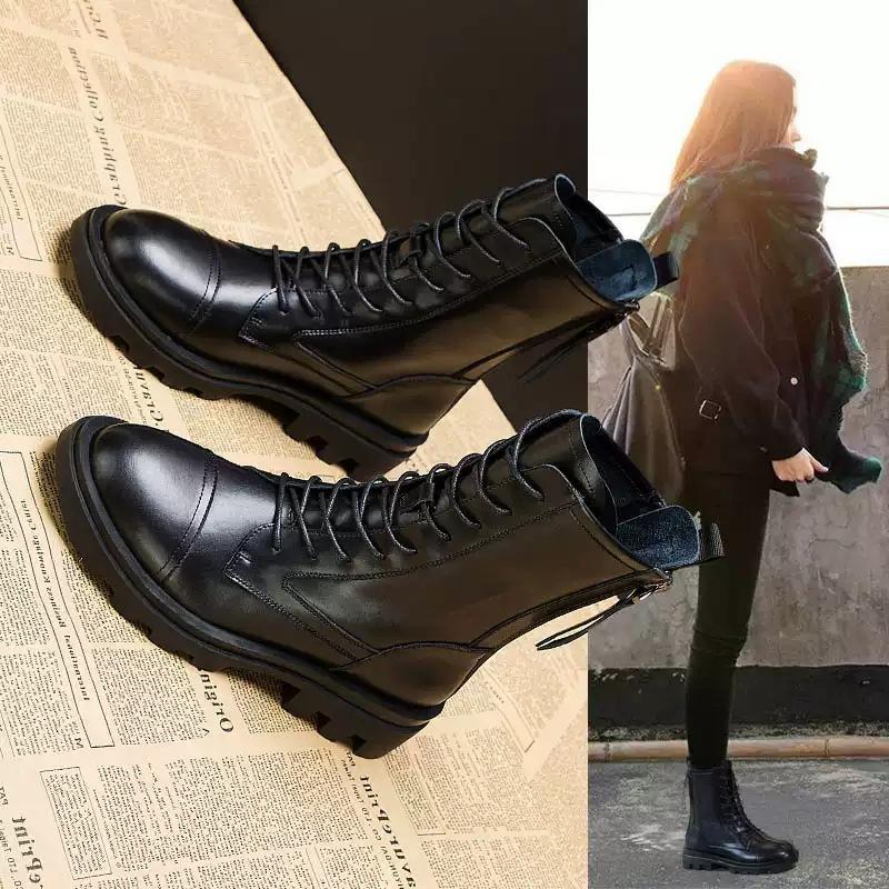 

New Winter British Style PU Leather Boots Women Plus Velvet Student Thick-soled Increased Slimming Motorcycle Boots, Black plus velvet