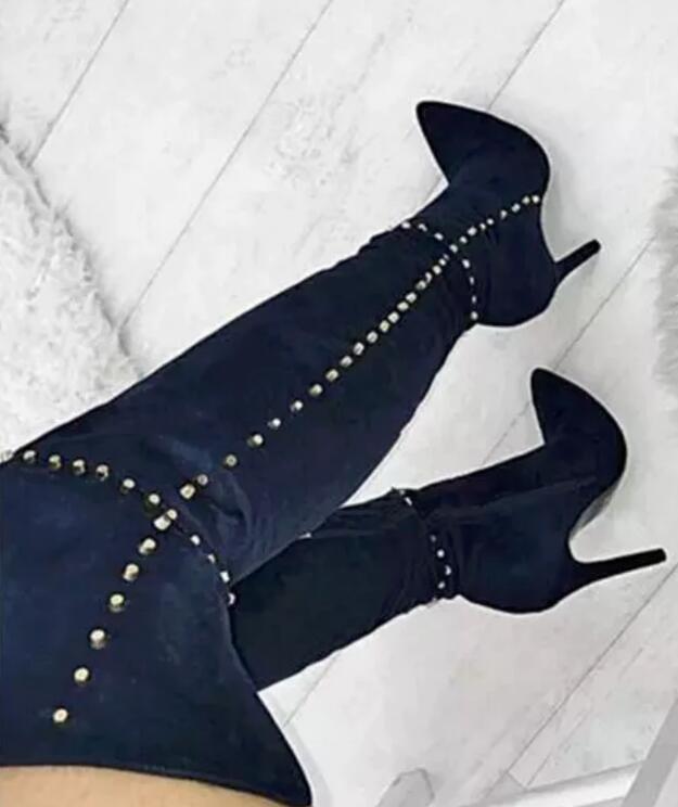 

Female Leather High Boot, Blue Suede Knee Boots, Gold Zipper, Sensual, Motorcycle Boot Tmbc, Black suede 1
