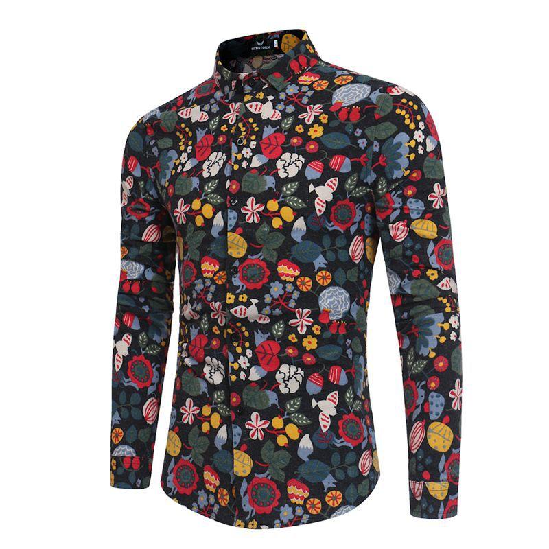 

Men vintage fashion Casual shirt Floral print long sleeve linen cotton shirts clothes printed dropshipping hot sale top coat, Black