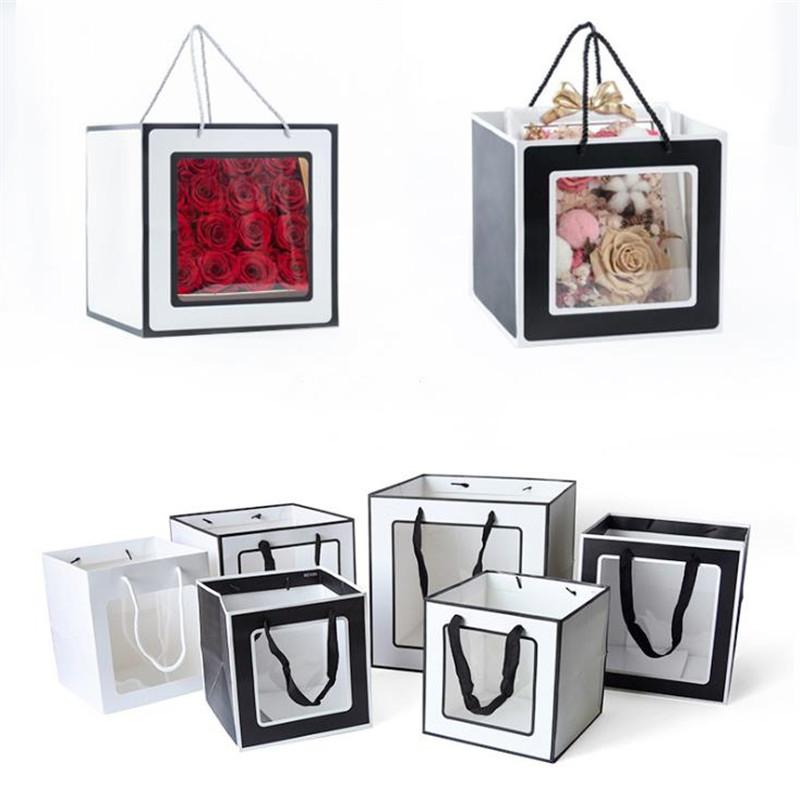 

5pcs Large Size Square Present Box For Flower Packaging With PVC Window Flower Bags Kraft Paper Gift Bag Christmas Decoration