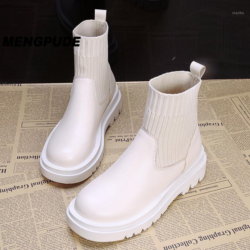 

MPD Ankle Boots Woman Slip-On Shoes Fashion Knitted Elastic Round Toe Short Boots Platform Square Heels Leather Women1, Black2