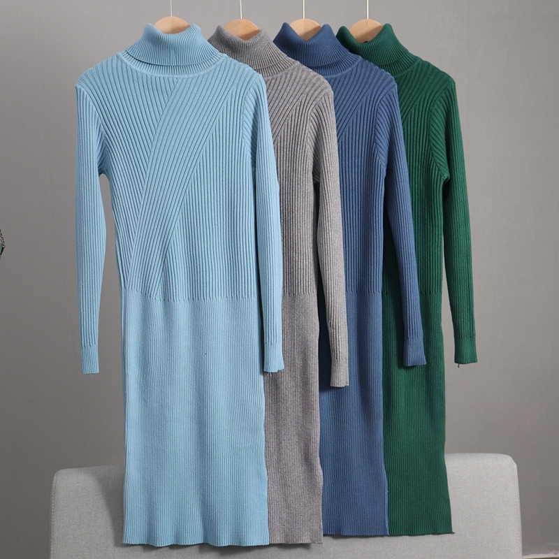 

2021 New Autumn Winter Women Basic Turtleneck Pullover Sweater Top Slim Fit Knitted Long Midi Dress Ribbedvestidos Feminino Ggw5, Red 1090