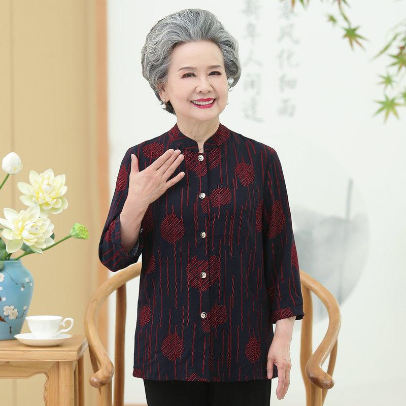 

Elderly Women Shirt Autumn Spring Floral Printing Mandarin Collar Top Middle Aged Woman Red Black Three Quarter Sleeve Shirts