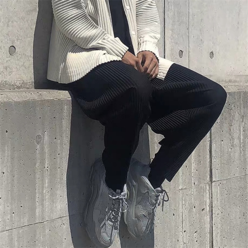 

IEFB /men's clothing high quality Loose pleated trousers black straight casual elastic all-match pants for male JF150 9Y470 201113, Black pants