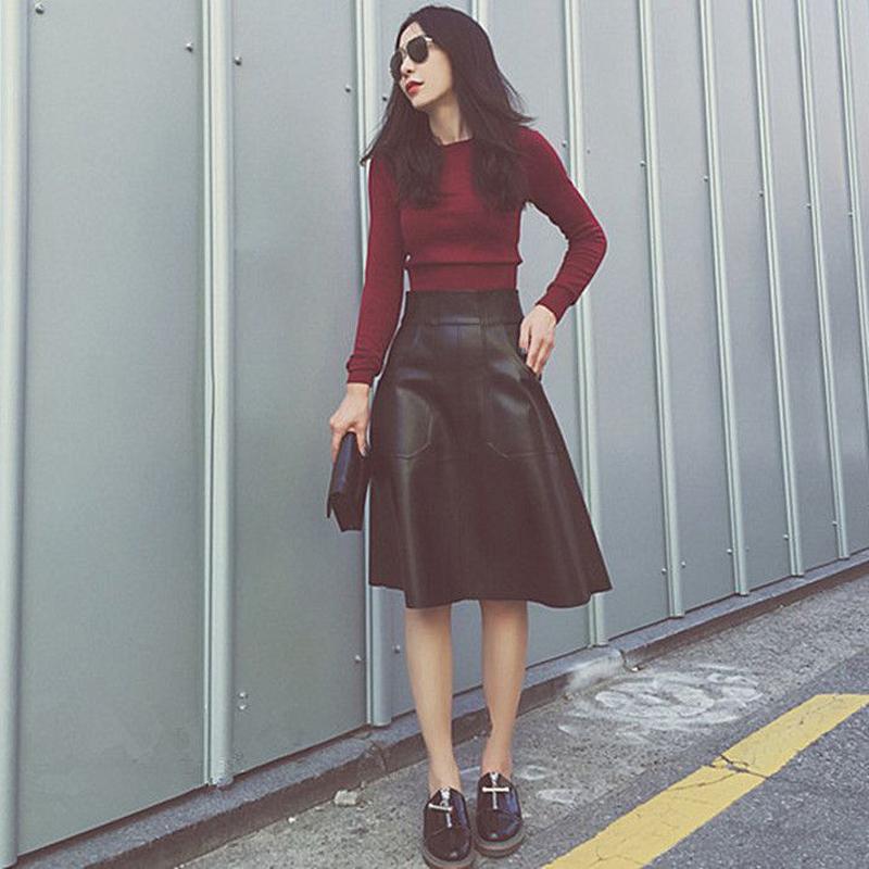 

Autumn Fleece PU Leather Skirts Women Elegant High Waist A-Line Midi Skirt Female Big Pockets Winter Office Lady Bottoms XS-3XL, Black