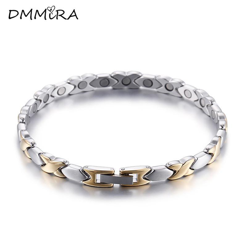 

Fashion Women Female Color Gold Geomertic Bracelets Stainless Steel 20cm Zirconia Health Magnets Energy Bracelets Jewelry