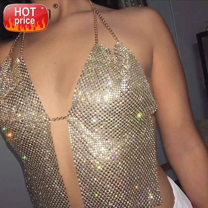 

2020 Rhinestones Bar Top Body Chains Crystal Sequins Nightclub Rave Dance Belly Dancing Crop Top Fashion Festival Party Clubwear #EI6X, White