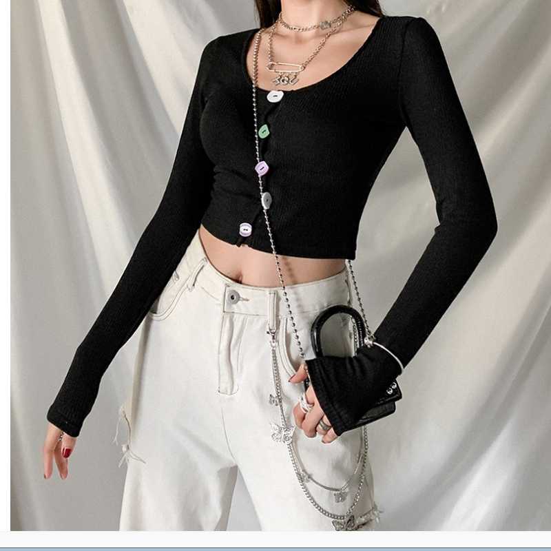 

Women' black round neck running sportswear colorful button yoga T-shirt breathable short open navel fitness long sleeve top