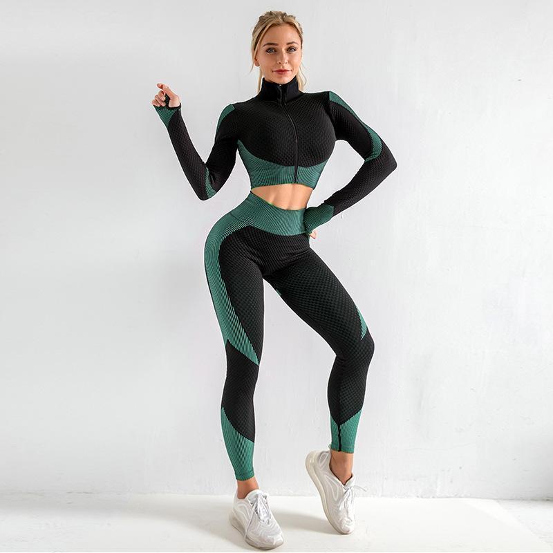 

Fitness Yoga Set Women Seamless Sports Clothing Long Sleeve Sportswear Yoga Bra High Waist Running Fitness Pants Workout Set1, Green bra set