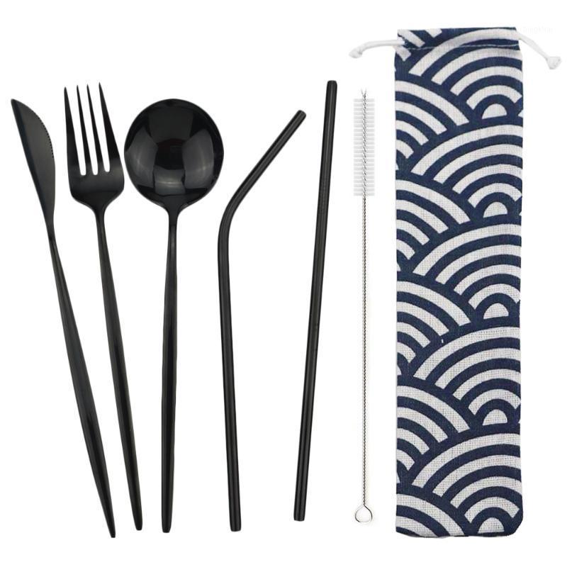 

Black Portable Cutlery 18/10 Stainless Steel Flatware Set Knife Spoon Fork Straw With Cloth Pack Dinner Set For Travel Picnic1