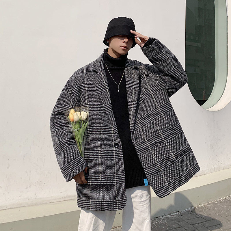 

Male Coat 2021 Autumn Thin New Winter Couples Plaid Jacket Wool and Youth Men's Clothes CTOI, Black