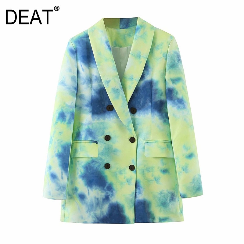 DEAT Women Tiedye Hit Color Leisure Blazer Lapel Long Sleeve Loose Fit Jacket Fashion Spring Autumn 13T198 201114Z