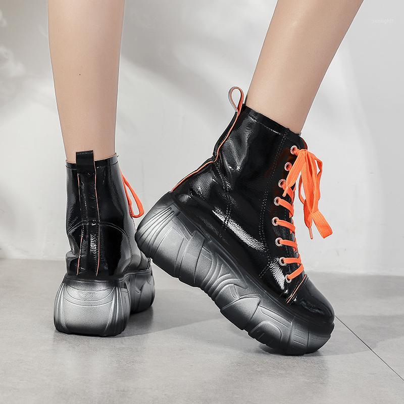 

black patent leather platform ankle boots for women fashion chunky sneakers 2020 autumn Korean style lace up shoes woman1, Orange