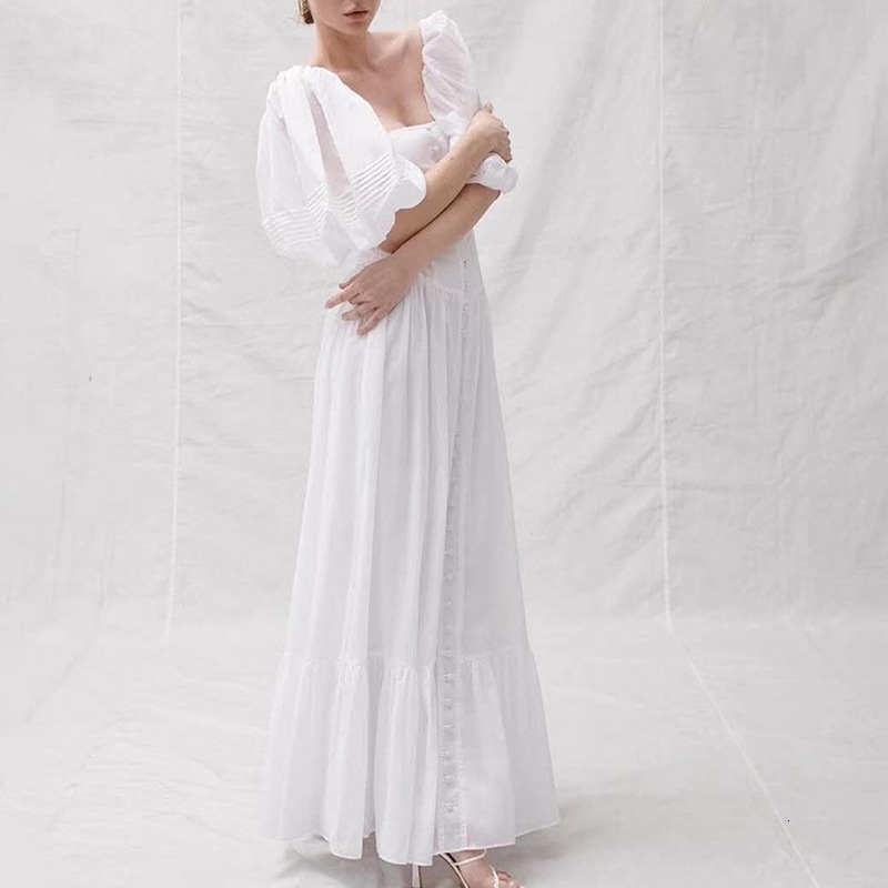 

2021 New White Summer Dress Long Woman Puff Solid Women's Female Runway Design Vintage Zz4k