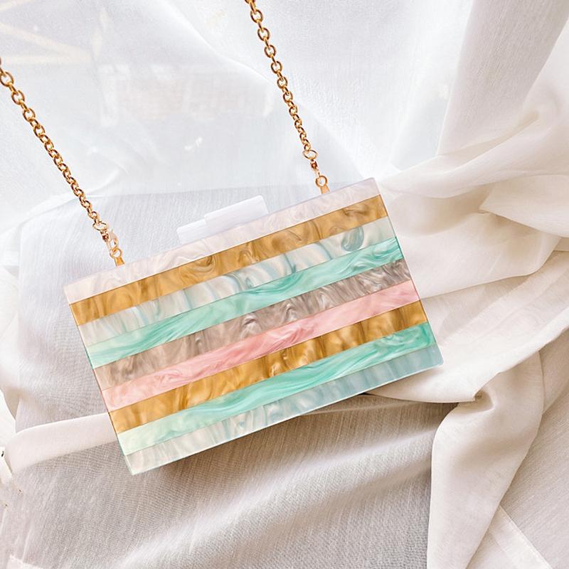 

Luxury Color Striped Acrylic Box Women Party Clutch Bag Evening Bag Shoulder Chain Purses and Handbags Small CrossBody, Blue