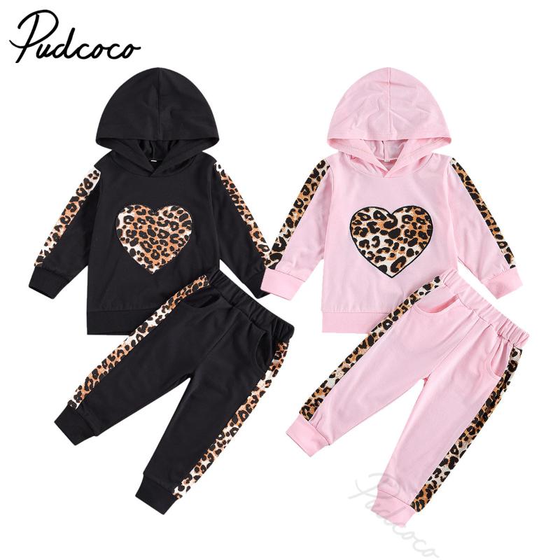 

Spring Autumn 2 Pcs Infant Leopard Print Outfits, Baby Heart Pattern Long Sleeve Hoodie + Trousers Pockets Patchwork 1-5Y, Black