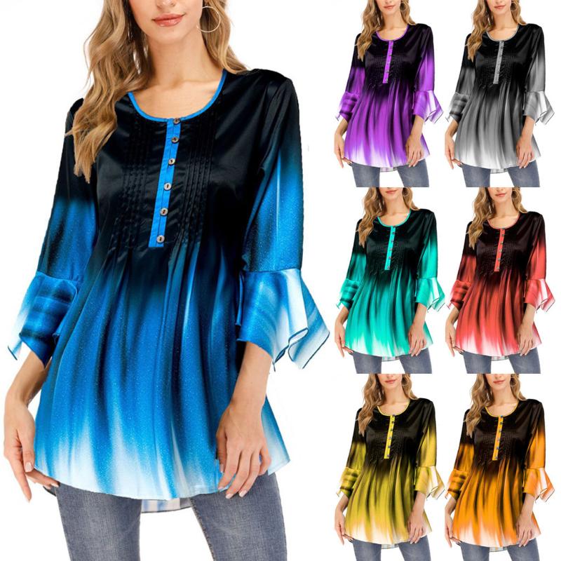 

Plus Size Fashion Tie-Dry Blouse Shirt Buttons Tunic Tops Casual Autumn Tops Ladies Female Women Long Sleeve Blusas Pullover, Green