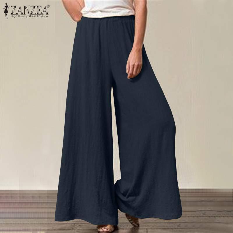 

Plus Size ZANZEA Women Autumn Wide Leg Pants Long Trousers Vintage Elastic Waist Solid Pantalon Female Loose Flare Palazzo 5XL, Black
