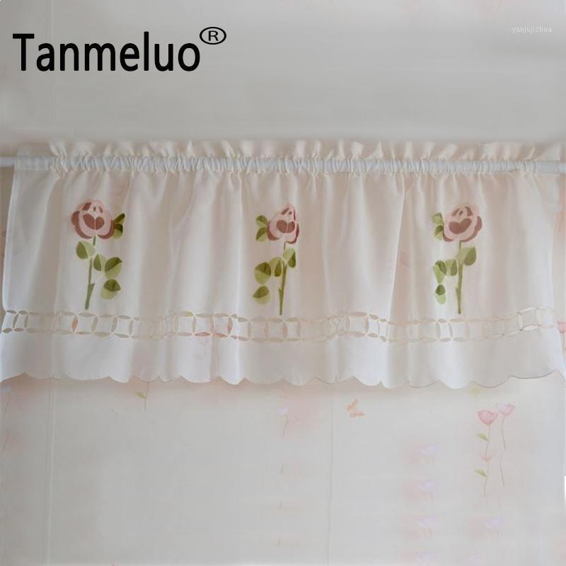 

New arrival 45 cm height x 150 cm width kitchen curtains sheer cafe embroidery flower ready made short window curtain decoration1, White