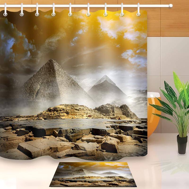 

3d Extra Long Pyramid Khufu Ancient Egyptian Exotic Shower Curtain Liner and Bath Mat Set Bathroom Fabric for Bathtub Decor