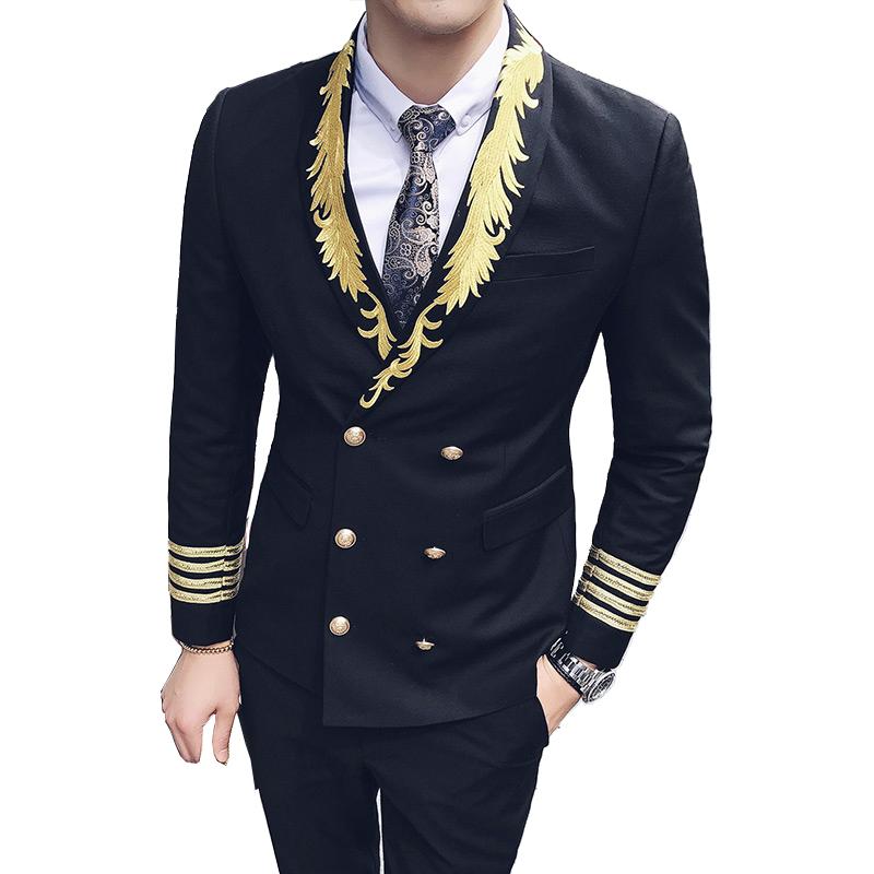 

Stage Dress Men Double-breasted Suit ( Jacket + Vest + Pants ) High-end Fashion Embroidery Wedding Dress Bridegroom Suit Men, Black