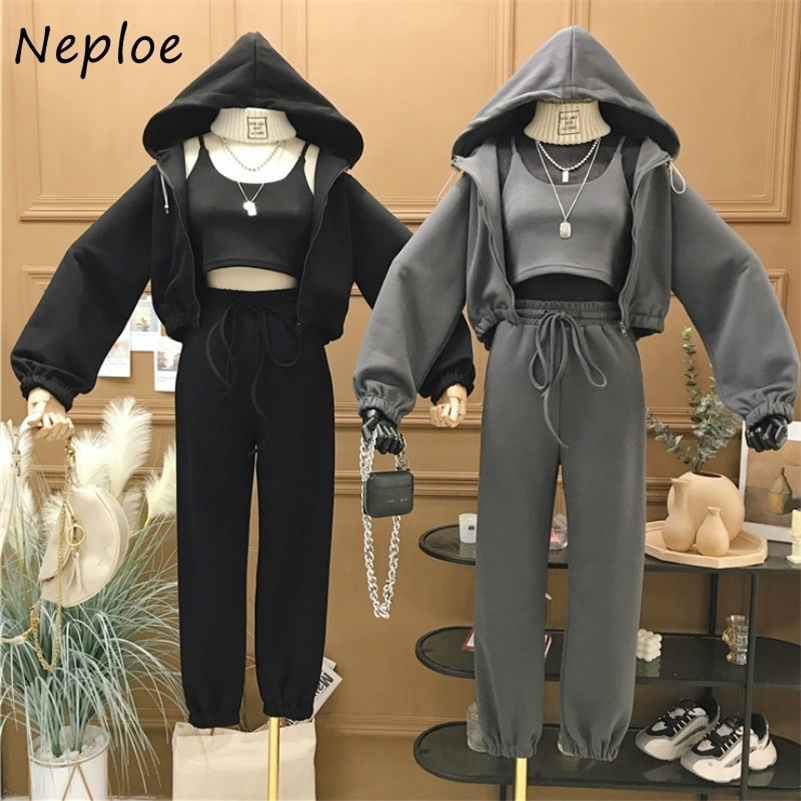 

Neploe New Autumn Suit Simple Hooded Sweatshirts + Camis Vest + Solid Color Drawstring Casual Pants Three Piece Set 201119, Black