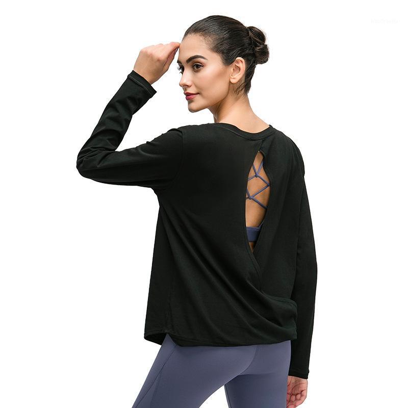 

Sportswear Yoga shirt Long Sleeve Women T-shirt Open Back Provides Ventilation Loose Fit Running T-shirt Cotton soft Gym1, Black