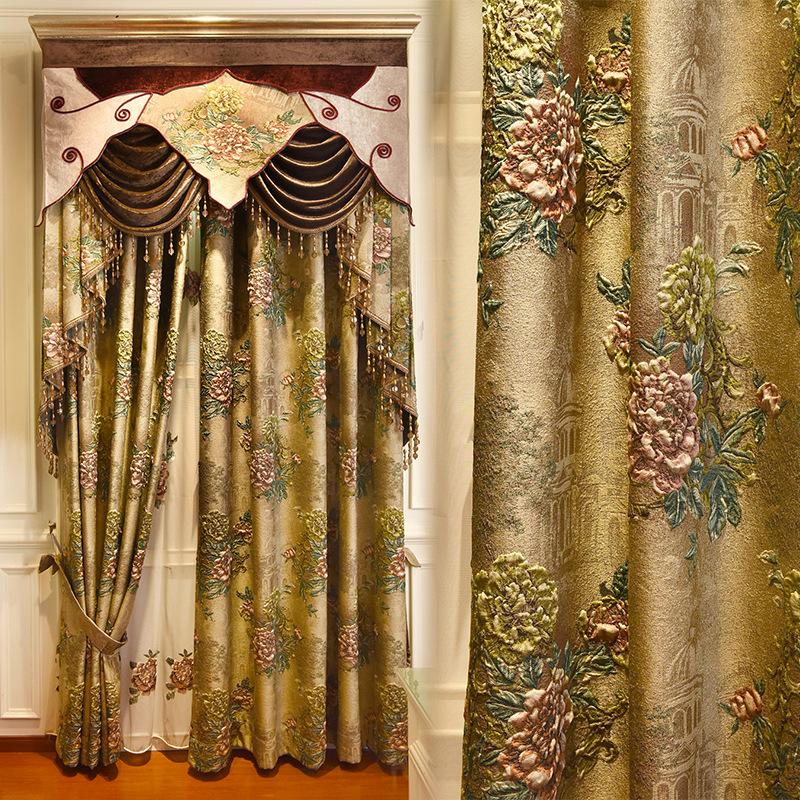

European top luxury 3D embossed jacquard full blackout elegant living room curtains classic brown thick curtains for the bedroom, Tulle