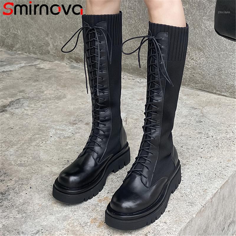 

Smirnova 2020 top quality genuine leather +knitting women knee high boots round toe lace up fashion casual shoes woman1, Black