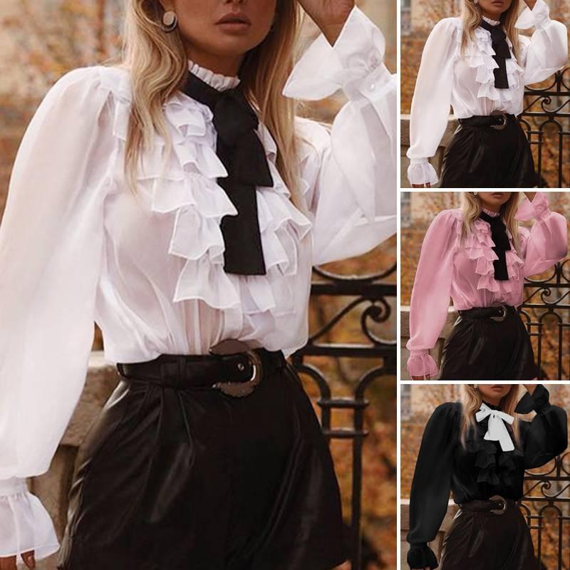 

Tops Fashion Bow Blouses Shirts VONDA 2021 Women Ruffled Blouse Autumn Female Long Sleeve Solid Tops Loose Elegant Office Blusas, Black