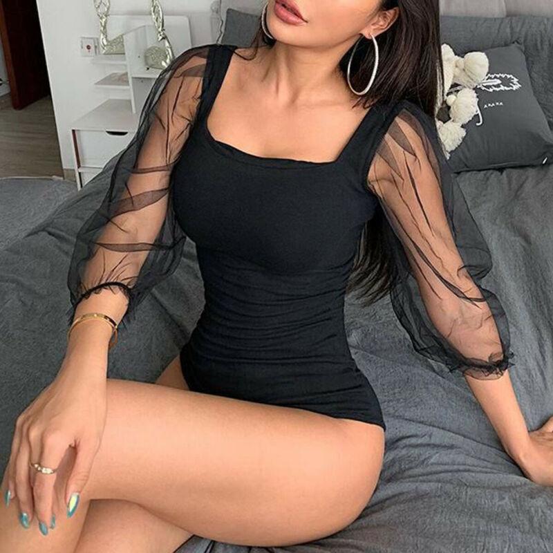 

Summer Autumn Sexy Women Fashion Mesh Sleeve Patchwork jumpsuit Bodysuit Bodycon Jumpsuit Leotard Puff Sleeve Solid Tops, Black