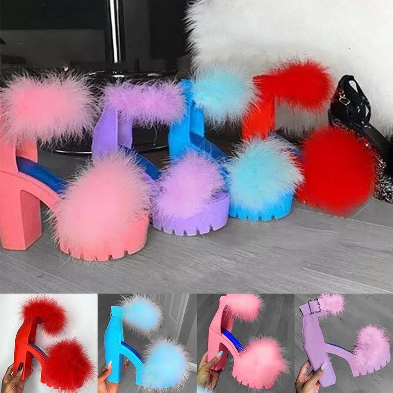 

2021 Woman Summer Fur High Heel Women's Peep Toe Slides Female Shoes Women Pink Platform Slippers Plus Size 43, White slipper