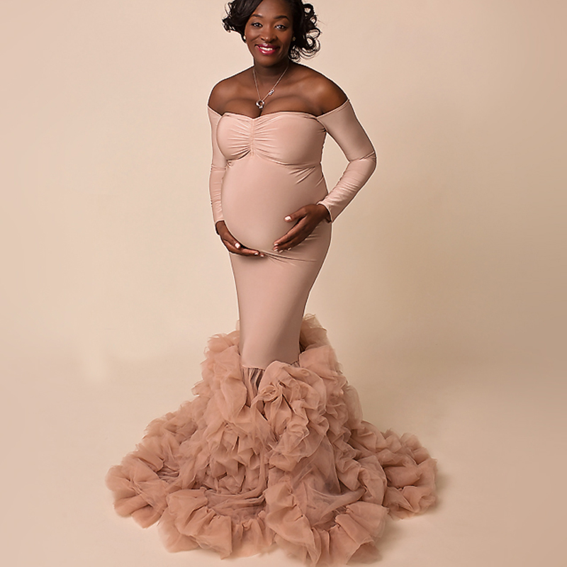 

Chic Blush Pink Ruffles Maternity Robes Women Long Sleeve Photoshoot Fluffy Tiered Dress Formal Event Overlay Sleepwear 2021