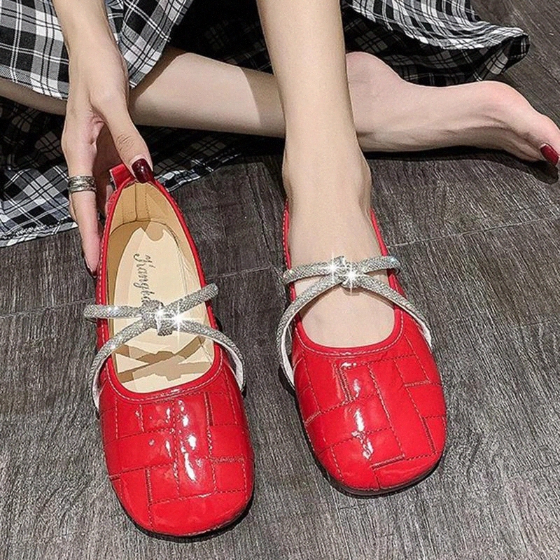 

Rimocy Shiny Rhinestones Cross Strap Flat Shoes Women Comfortable Soft Bottom Ballet Flats Woman 2020 Slip on Mary Janes Shoes #Wp2T